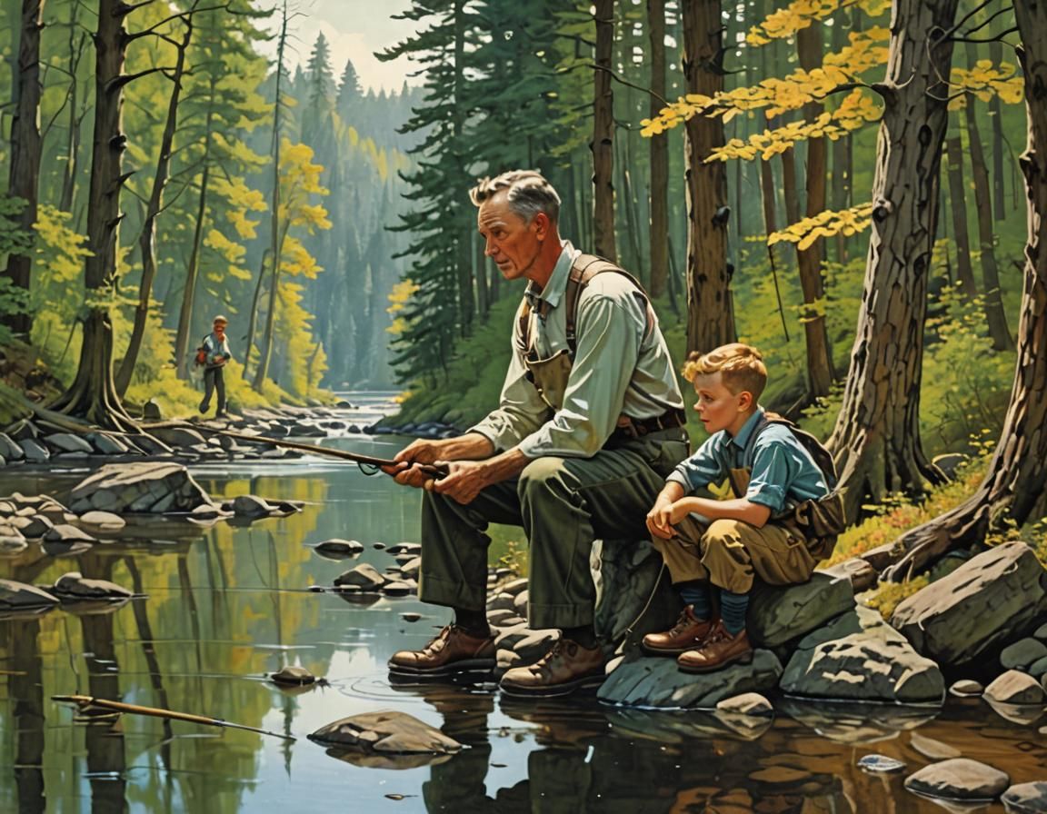 Father and Son Fishing, in Rockwell Style