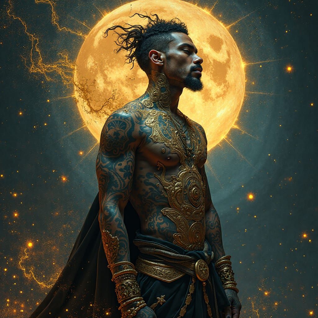 Ornate Portrait with Neon Tattoos in Mystical Style