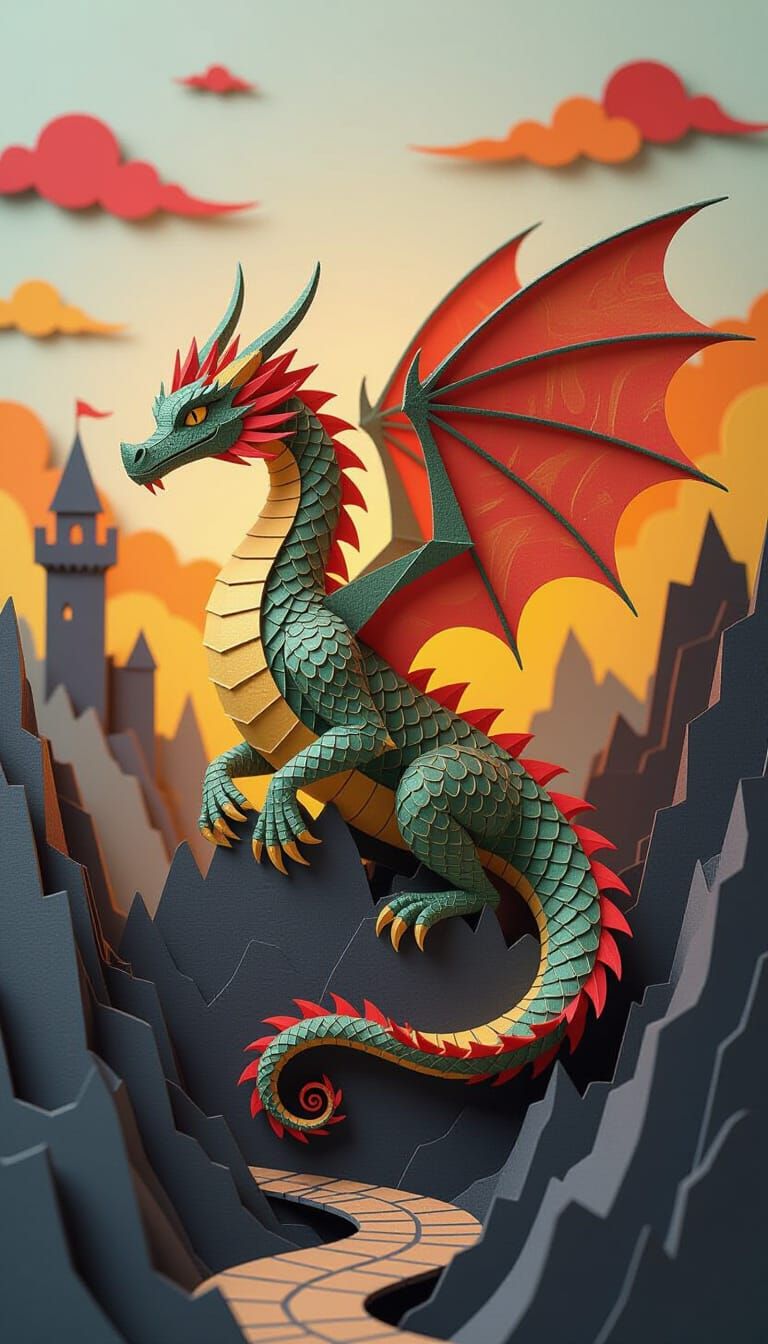 Paper Dragon Pop-Up Book in Matte Painting Style