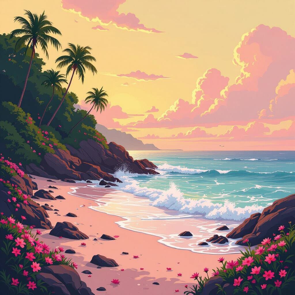 Magical Pink Island Shore at Sunset