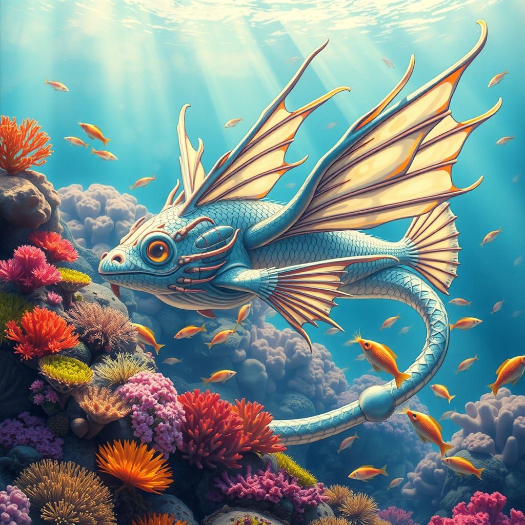 Majestic Iridescent Dragon Fish in Vibrant Coral Reef