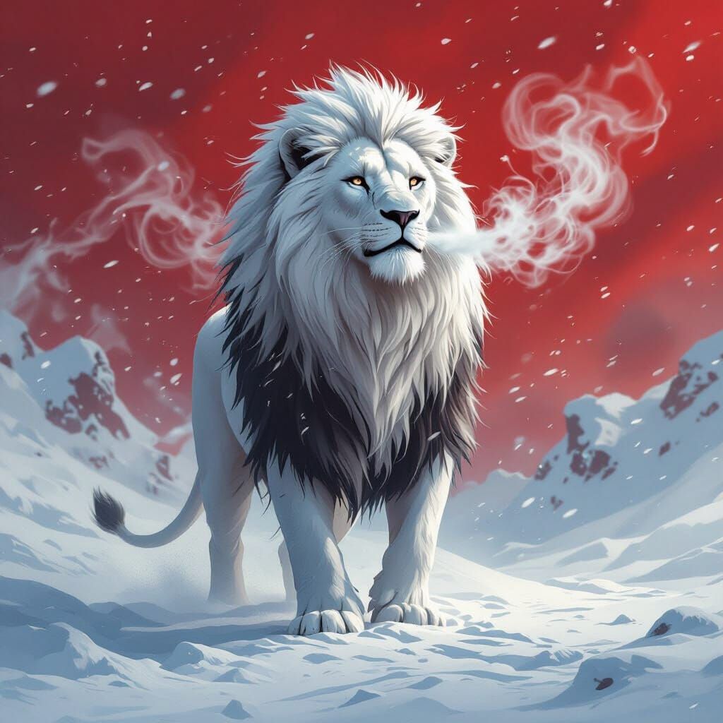 White Lion in Blizzard Breathing Ice on Red Background