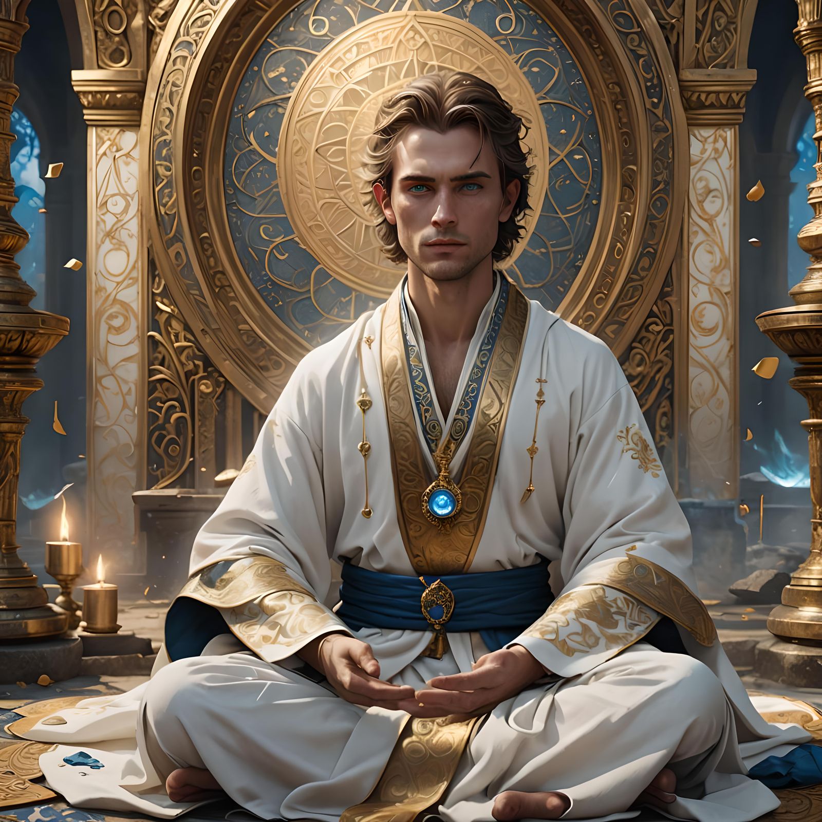 Young Magician Meditating in White and Gold Robes