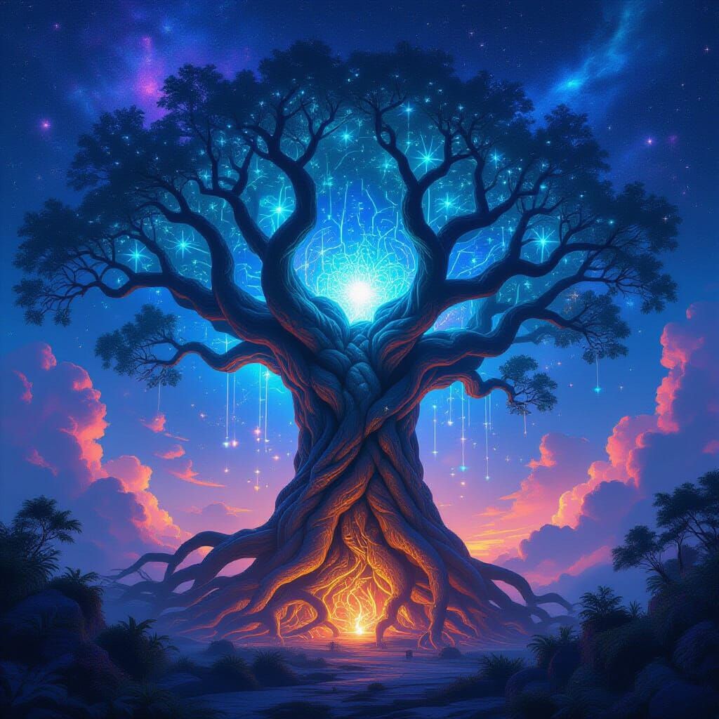Ancient Tree Fuses With Neural Networks Under Nebula Sky