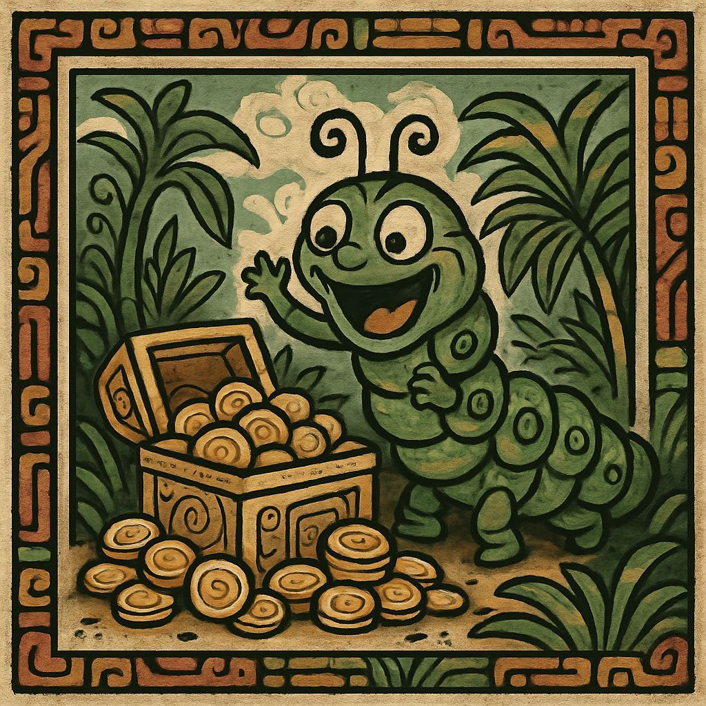 Explorer Caterpillar Finds Gold in Mayan Art Style