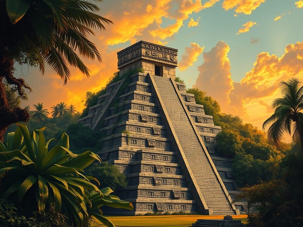 Majestic Mayan Pyramid in Tropical Sunset