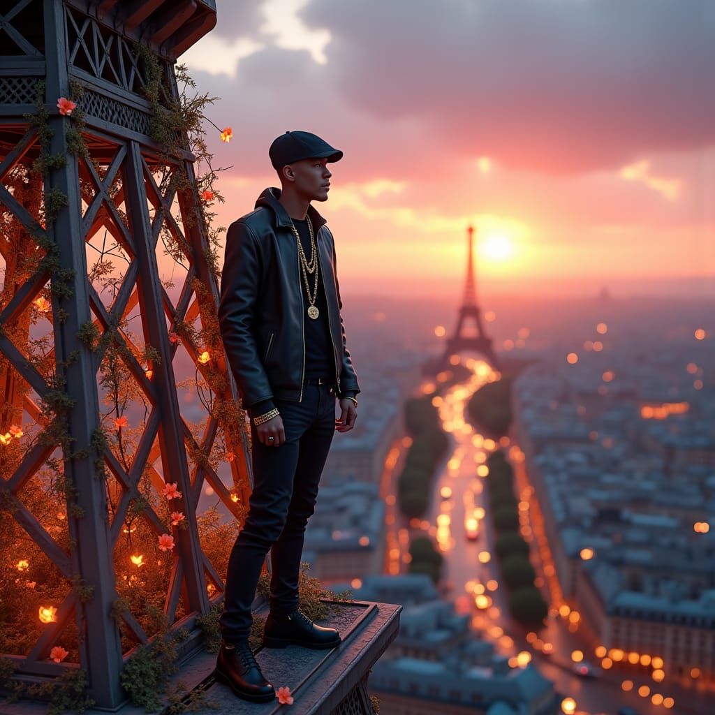 Rapper Overlooking Paris at Sunset in Dreamlike Cityscape