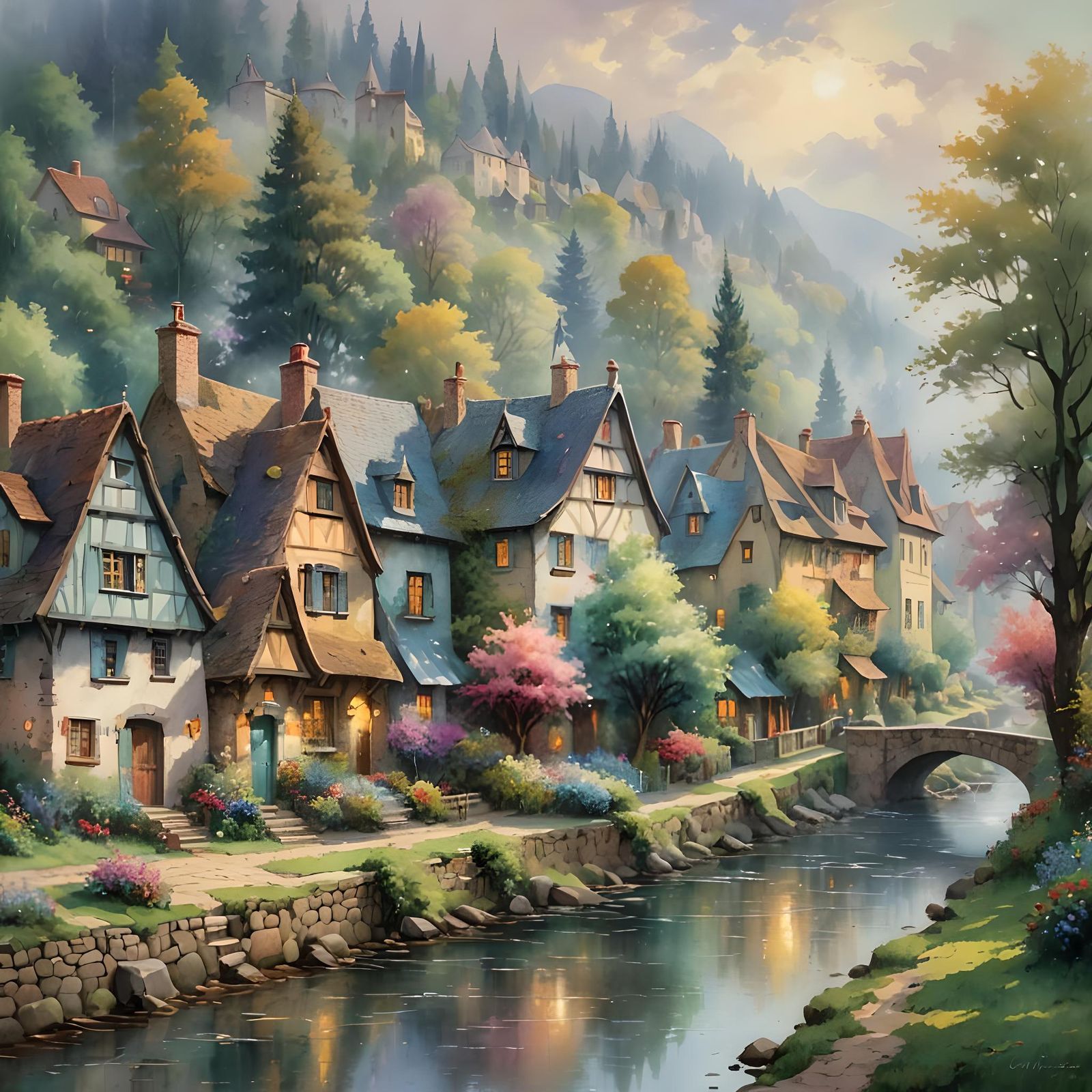 Charming Medieval River Village in Watercolor Style