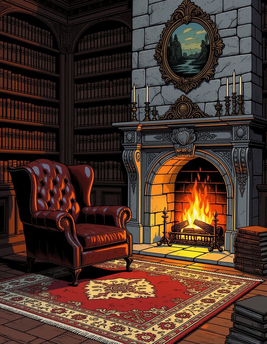 Cozy Library Corner in Baroque Fantasy Style