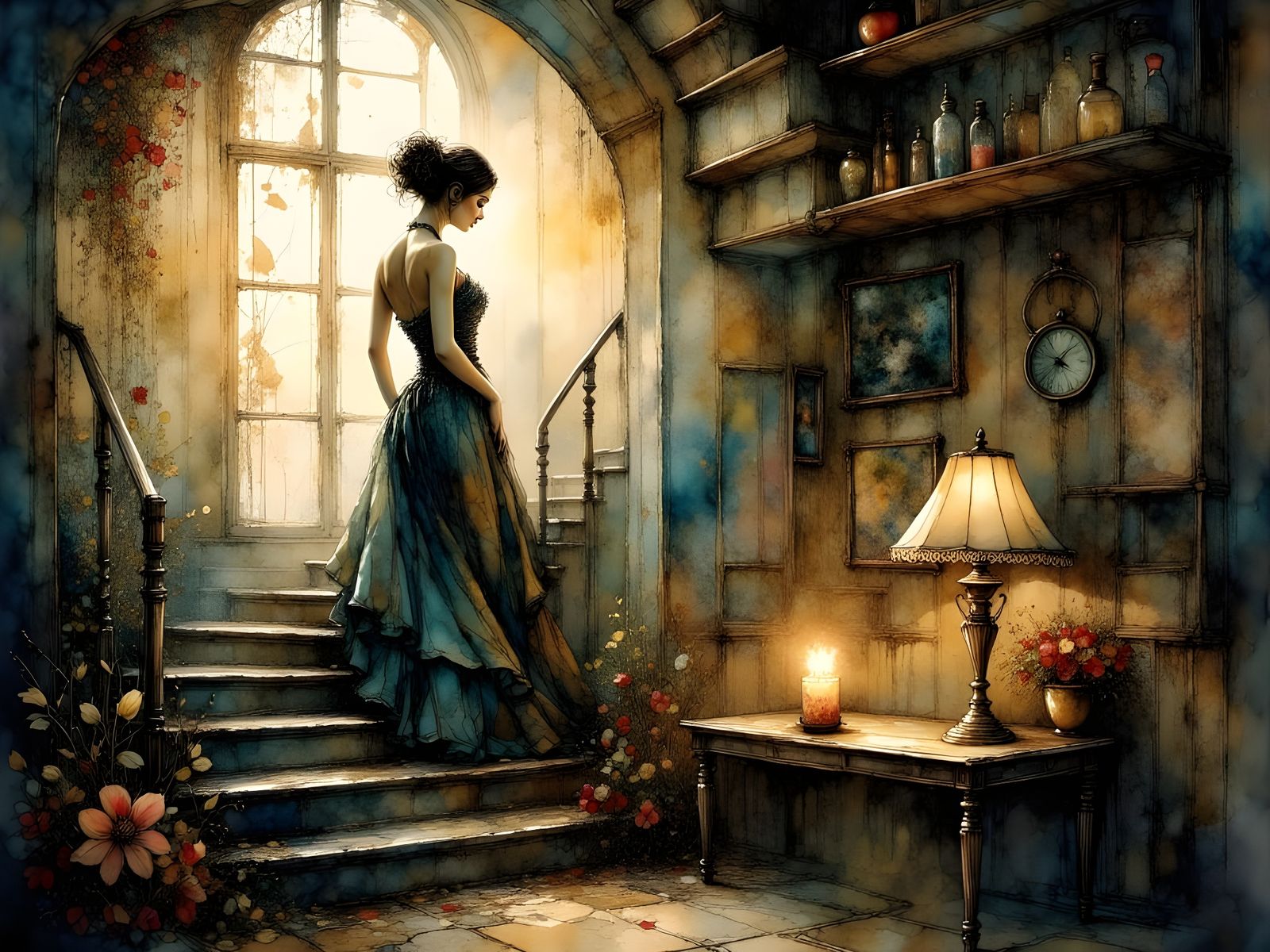 Elegant Woman in Whimsical Lighthouse Scene