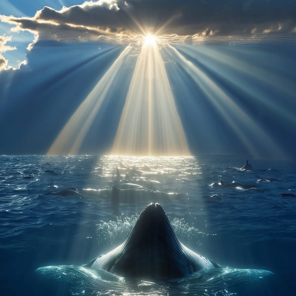 Surreal Whale Swimming in Deep Ocean Abyss