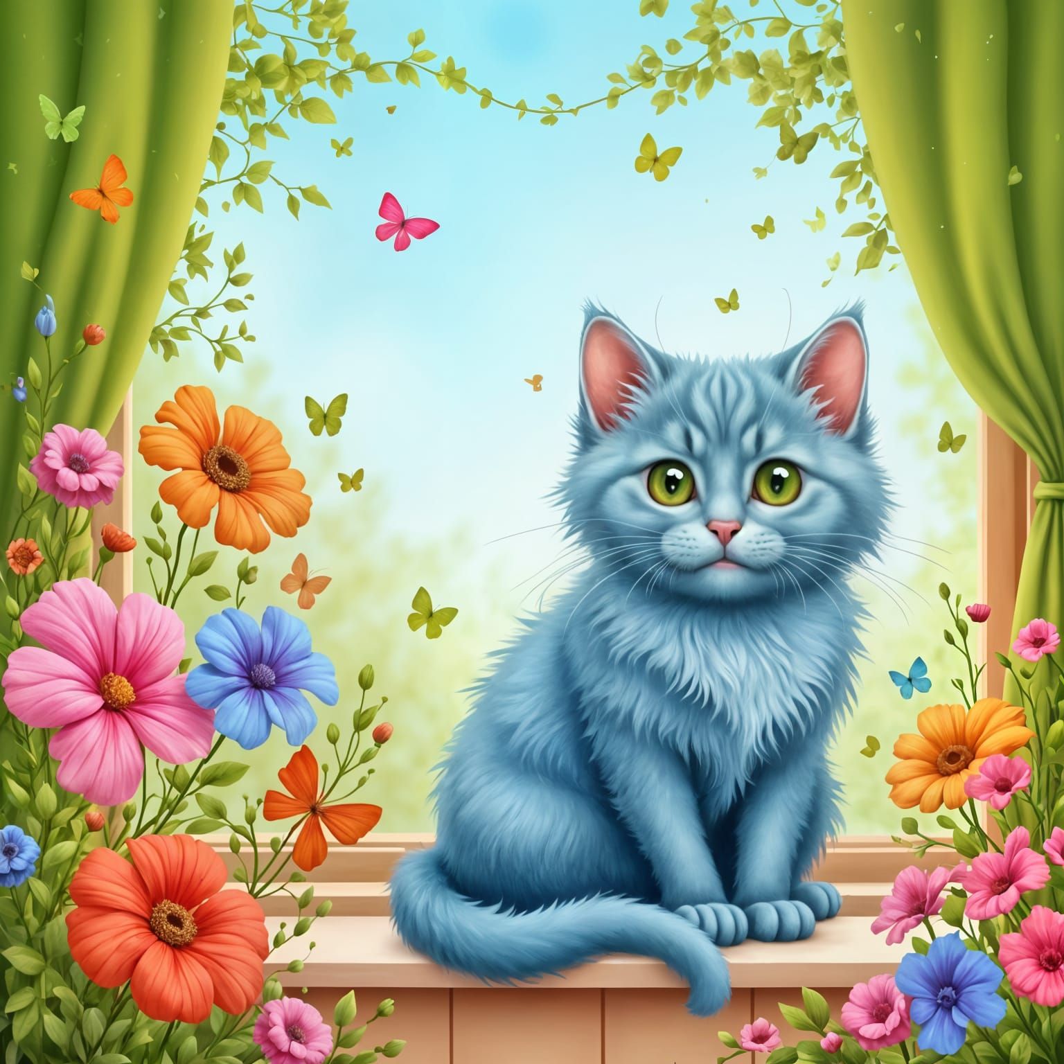 Whimsical Cartoon Light Blue Feline
