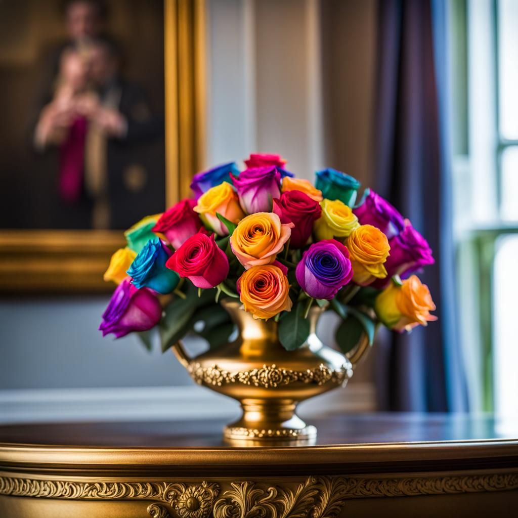 Rainbow Roses in Wedgwood Vase, Victorian Backdrop