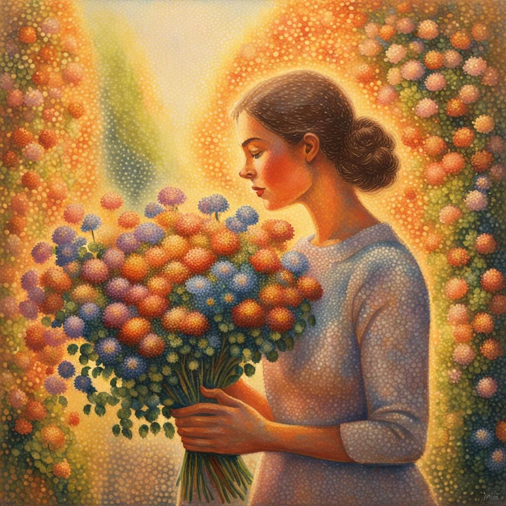 Woman with Flowers in Pointillism Style