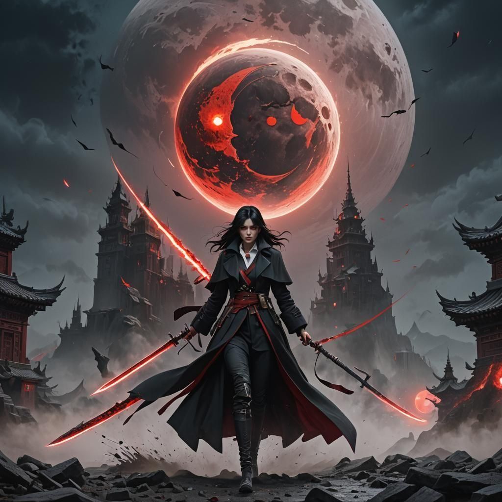 Woman with Blade Before Red Moon, Fantasy Art