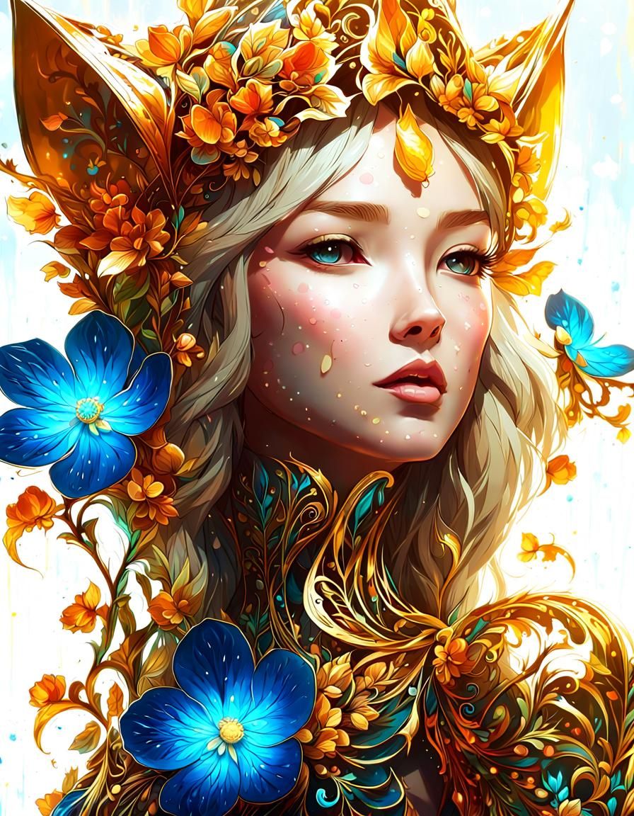 Golden Kitten with Glowing Petals: Macro Detailed Art