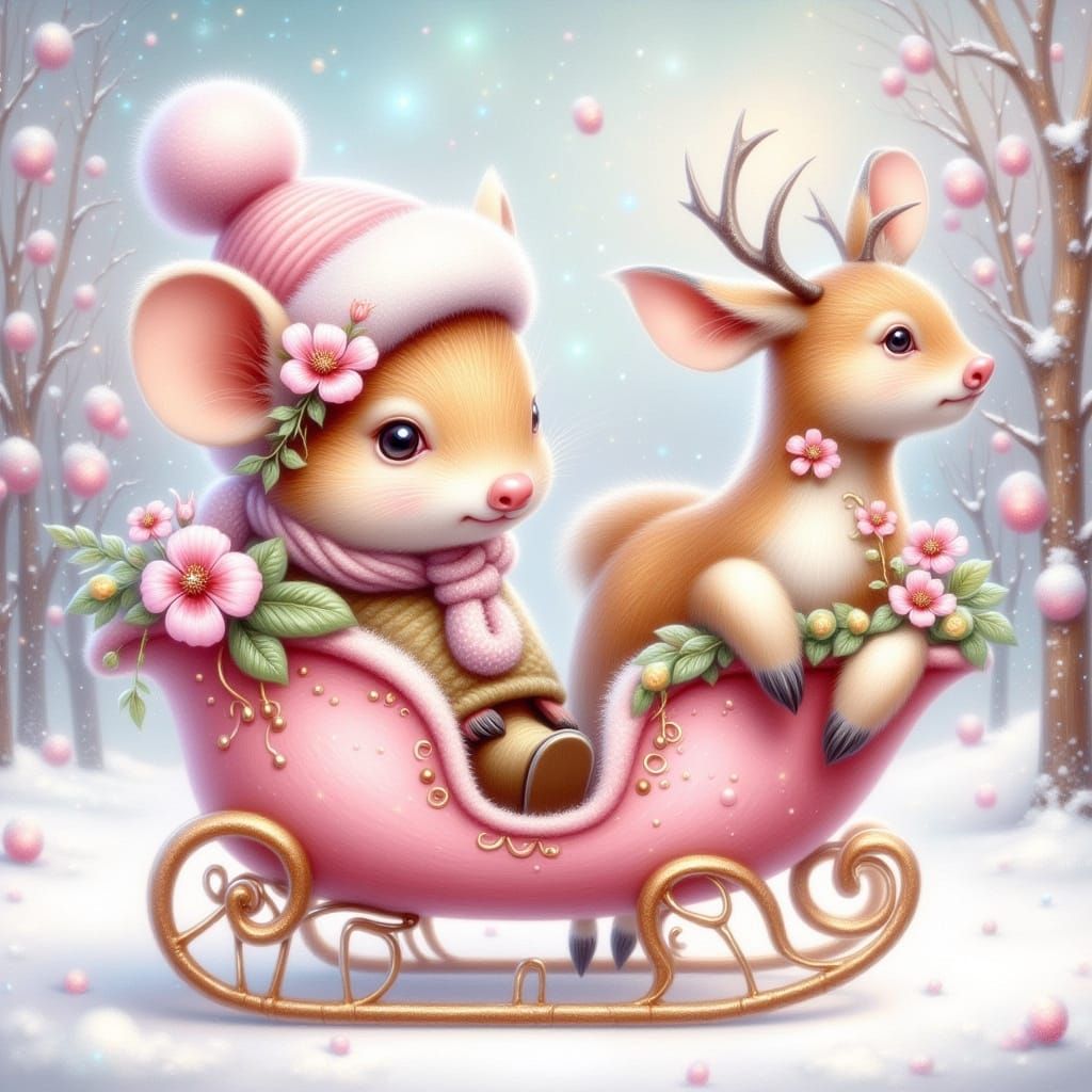 Whimsical Mouse in Pink Carriage, Storybook Style