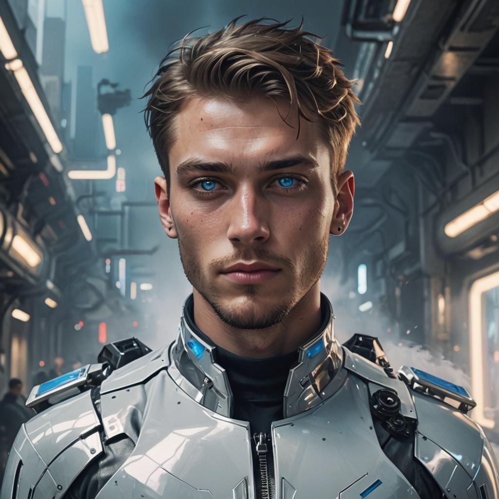 Futuristic King with Piercing Eyes in Cyberpunk Cityscape
