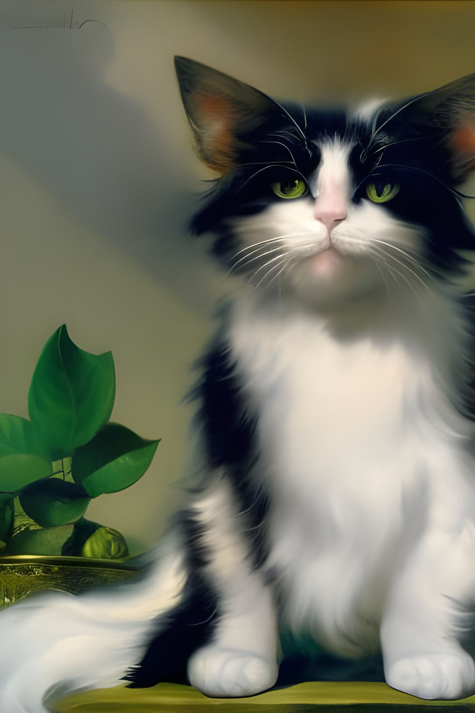 Black and White Cat in Garden: Baroque Oil Painting