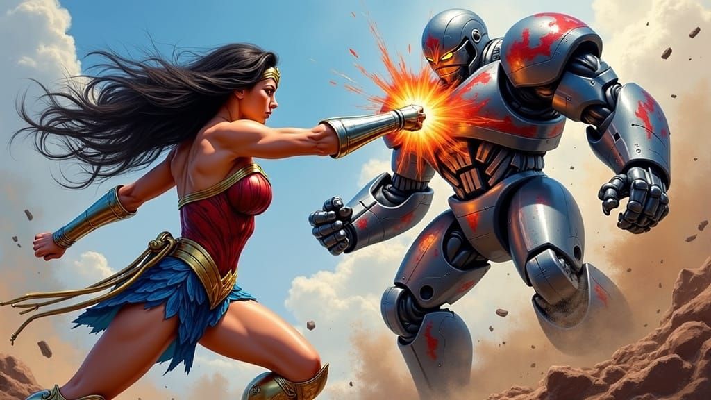 Wonder Woman Fights Giant Robot in Vibrant Street Art Style