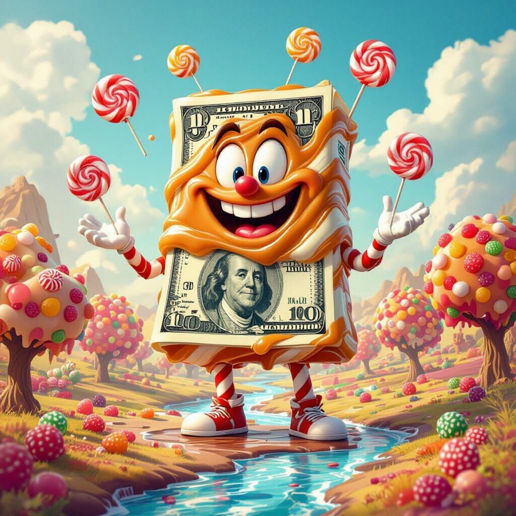 Giant Caramel Dollar Bill Juggles Lollipops in Cartoon Lands...