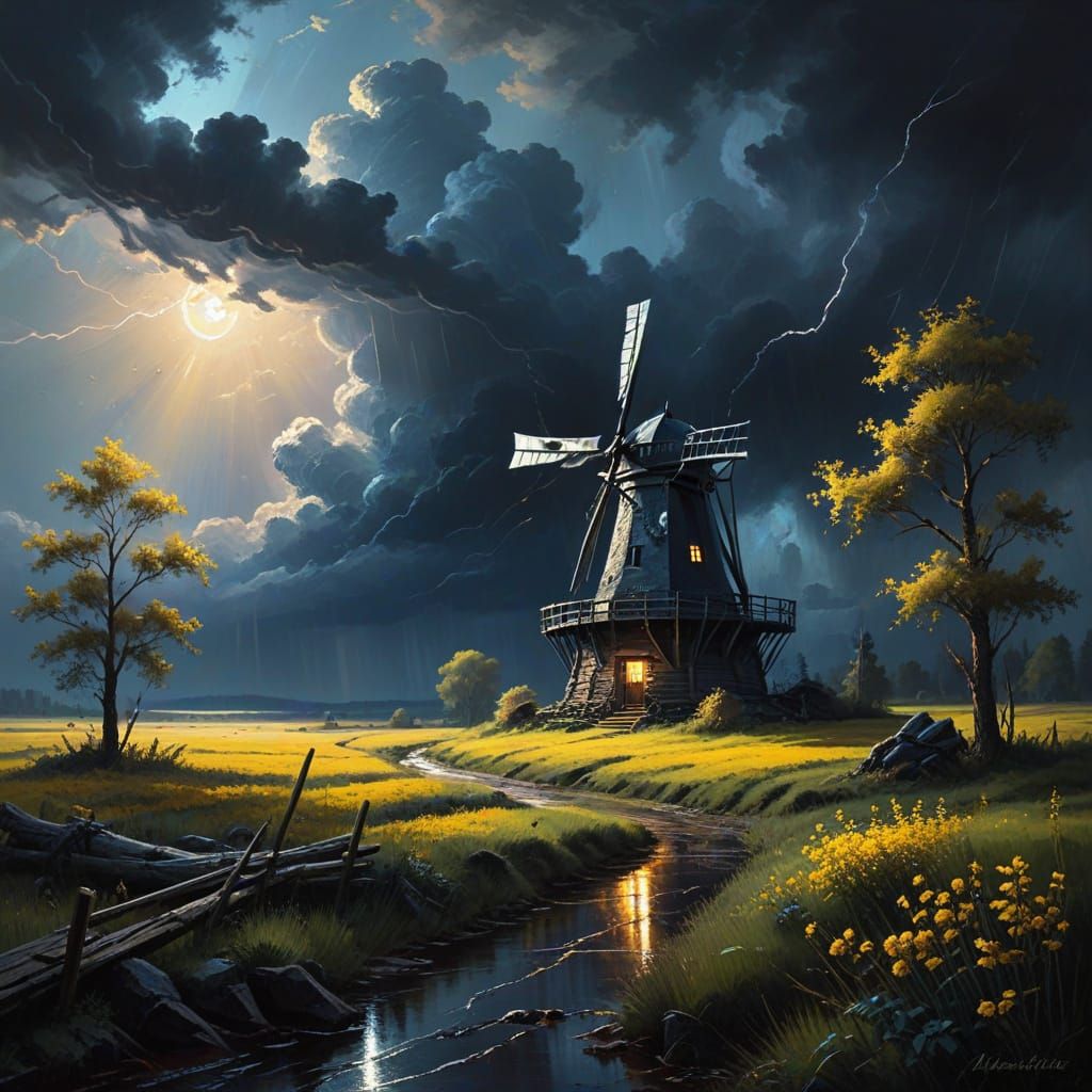 Majestic Windmill Under Turbulent Skies in Romanticism Style