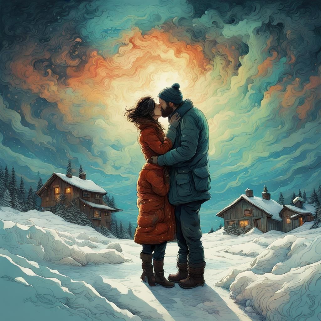 Kiss in Winter Wonderland as Detailed Matte Painting
