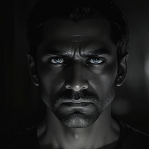 Intense Gaze: Photorealistic Man in Dark Alleyway