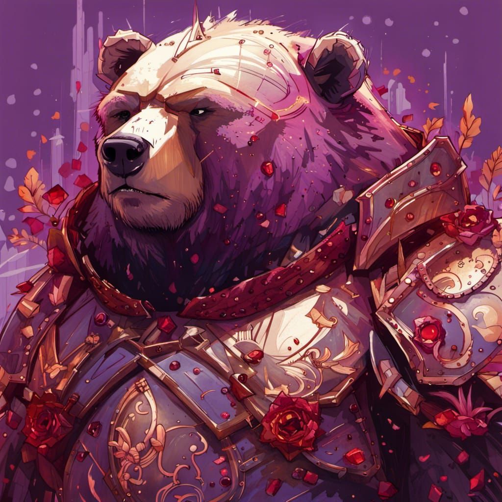 Bear Knight in Ruby Armor, Digital Art