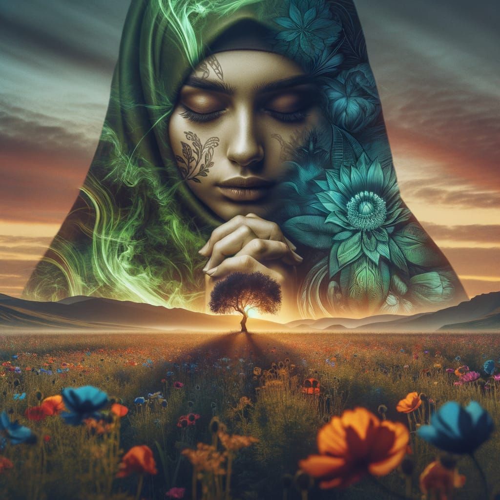 Double Exposure: Girl, Olive Tree, Sunset in Digital Art