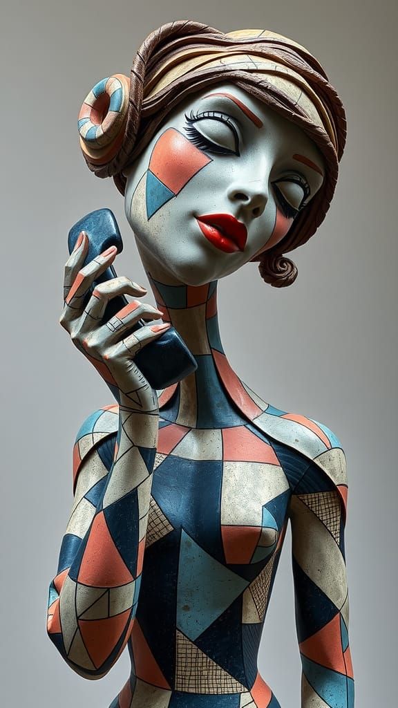 Cubist Ceramic Sculpture: Woman with Telephone in 3D