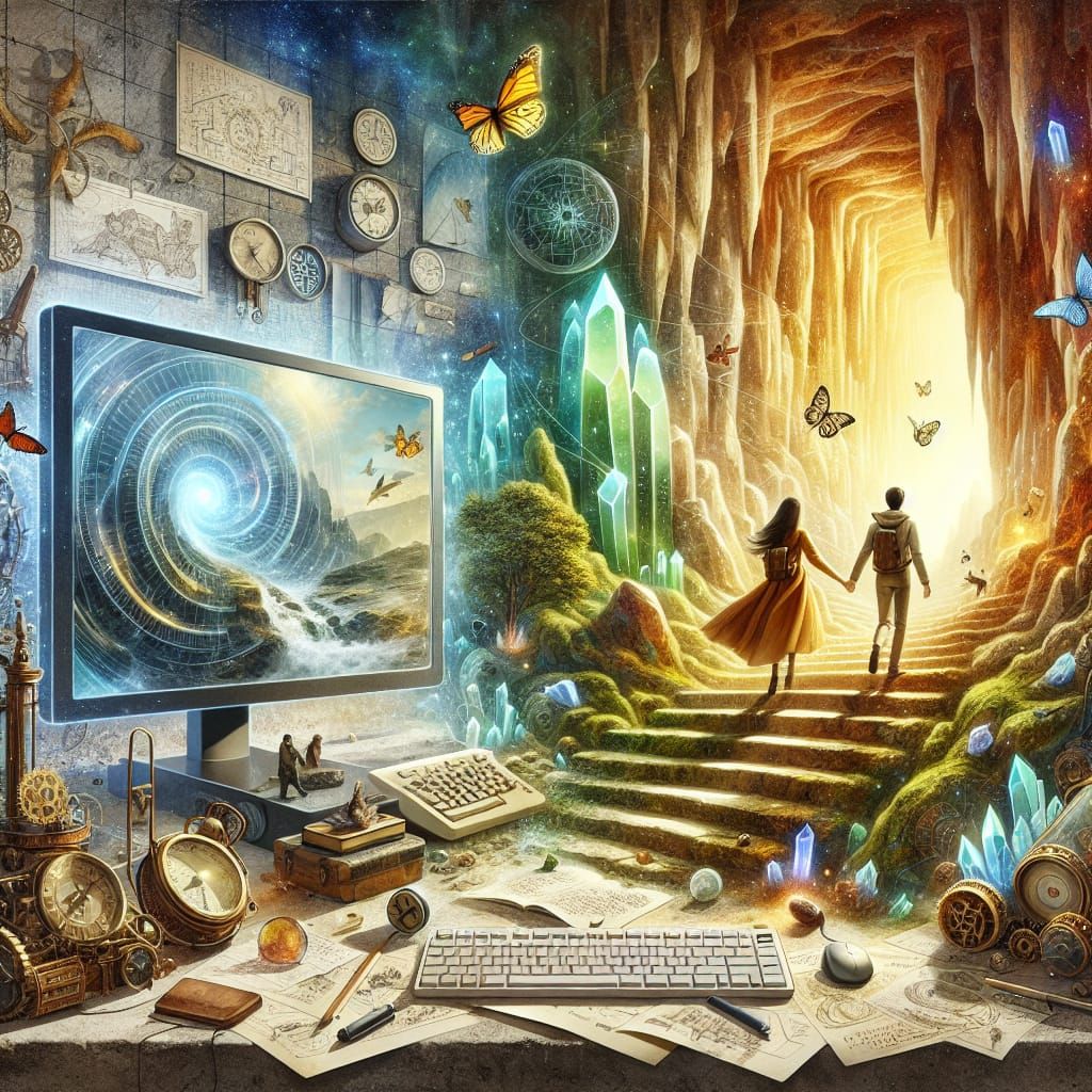 Adventurers Discover Portal in Dreamlike Steampunk Cave