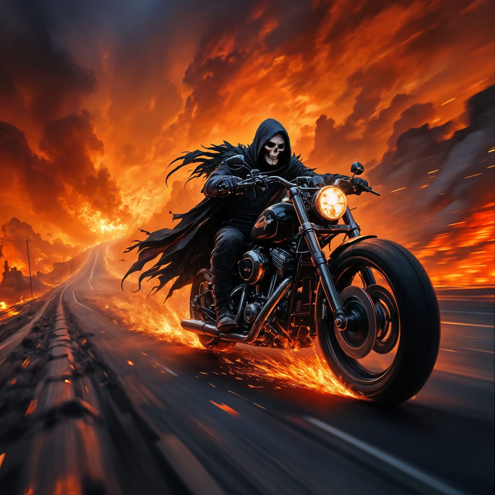 Grim Reaper Rides Harley in Hell: Digital Illustration