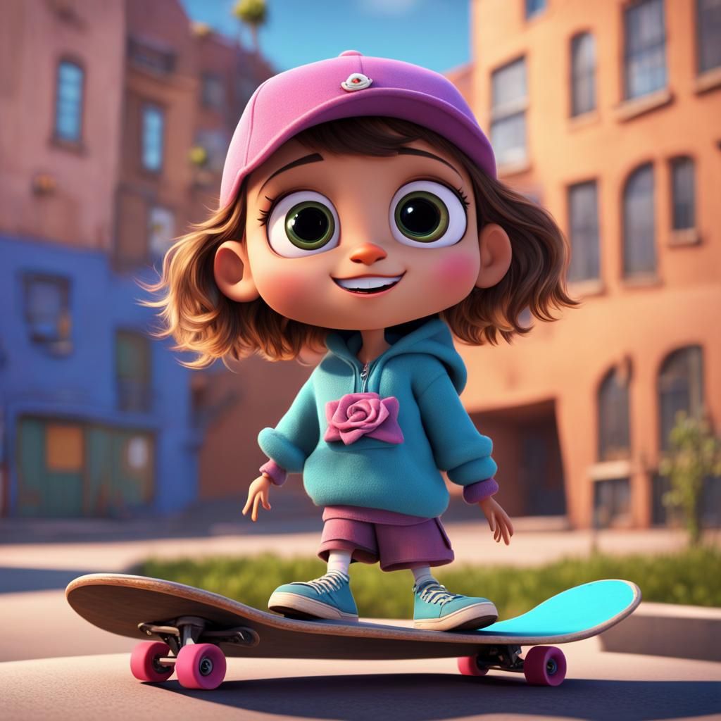 Pixar-Style Anthropomorphic Skateboard Character in Dystopia...