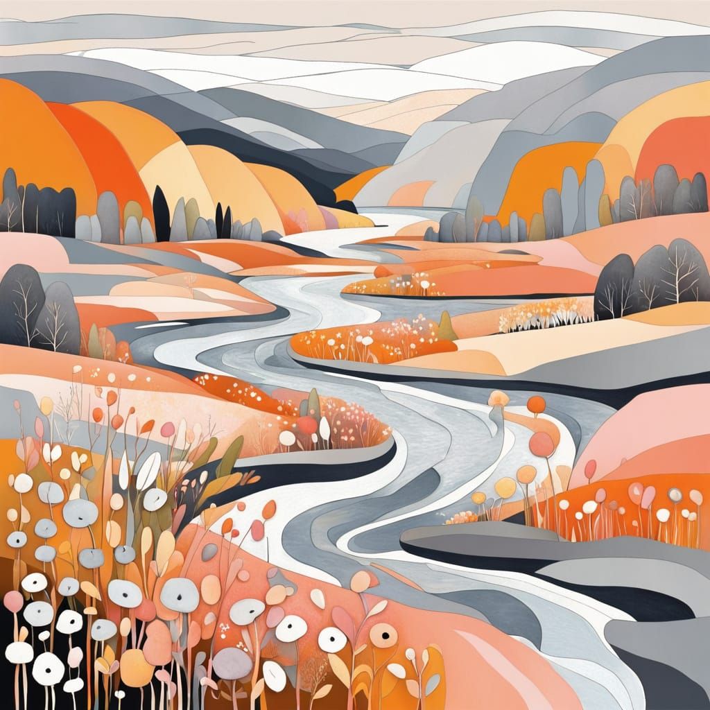 Mondrian Abstraction: River and Wildflower Countryside