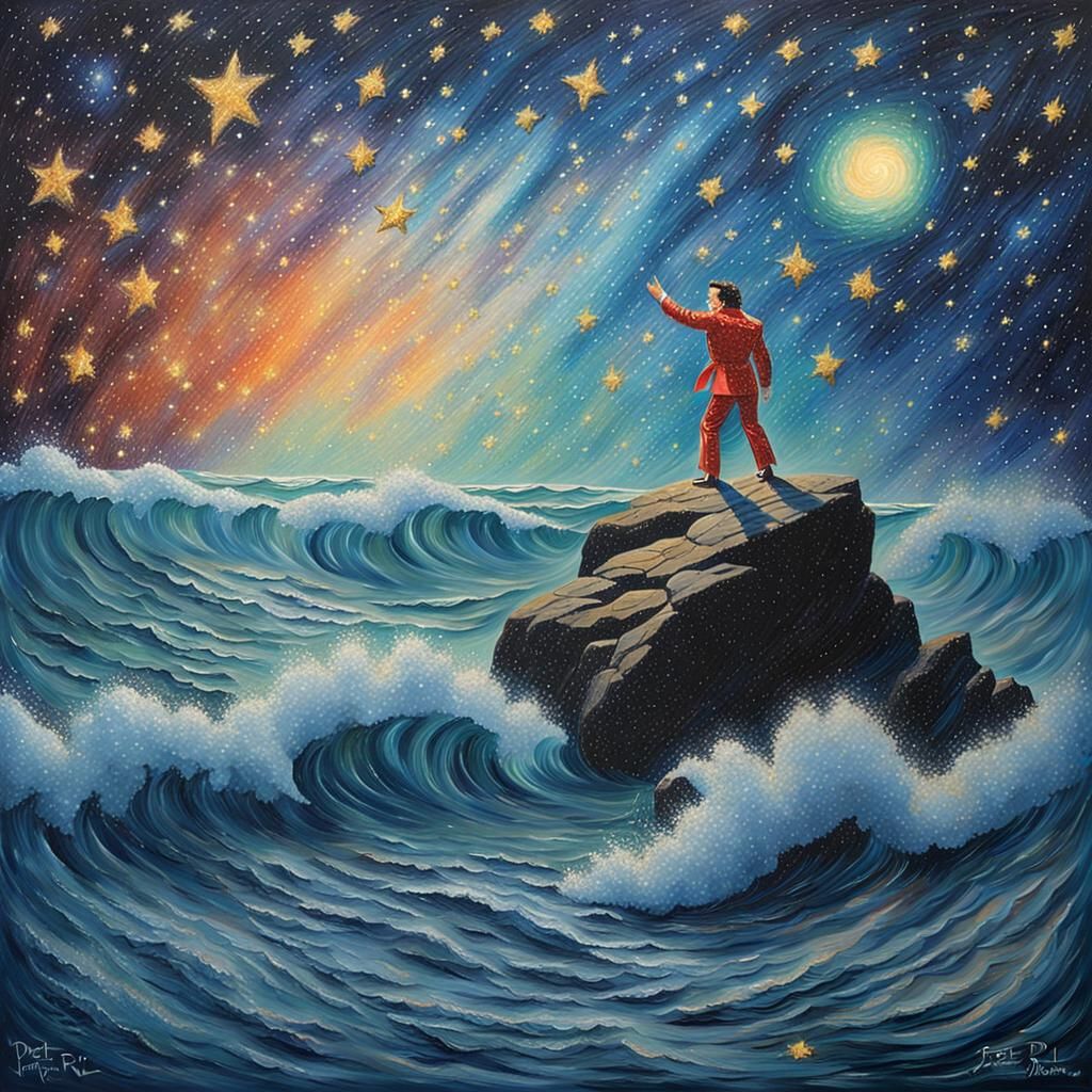 Pointillist Elvis in Stormy Ocean with Starry Sky