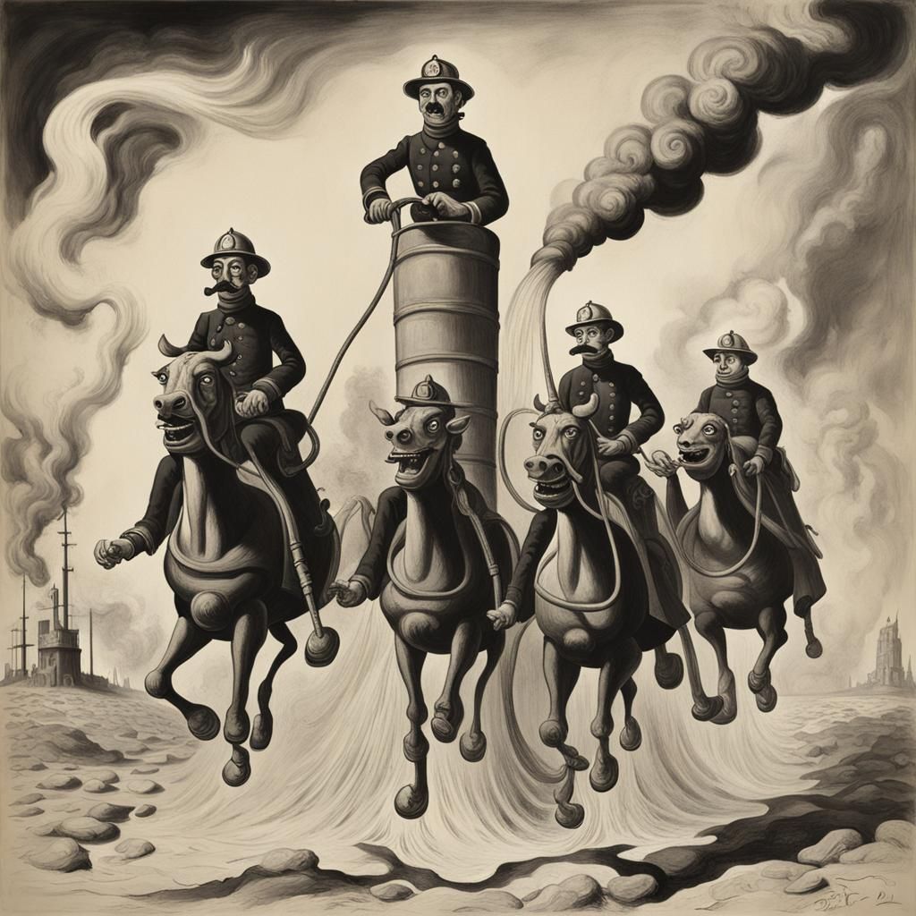 Grotesque Firefighters Ride a Fire Hose in Surreal Cartoon