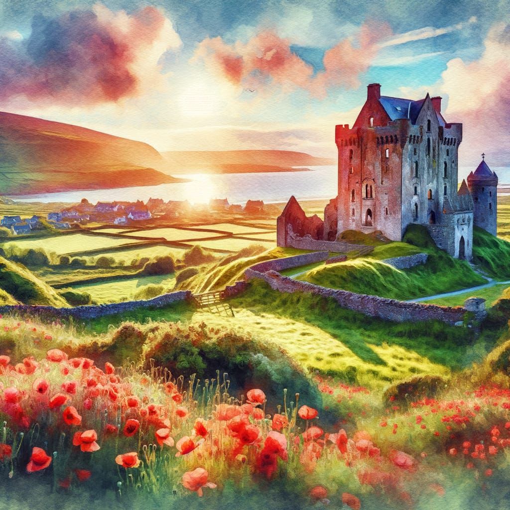 Irish Castle at Spring Sunrise in Watercolor