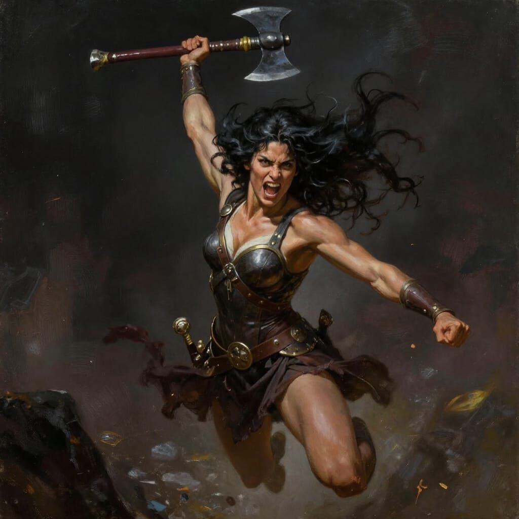 Warrior Woman Mid-Jump With Battle Axe in Epic Dark Fantasy ...