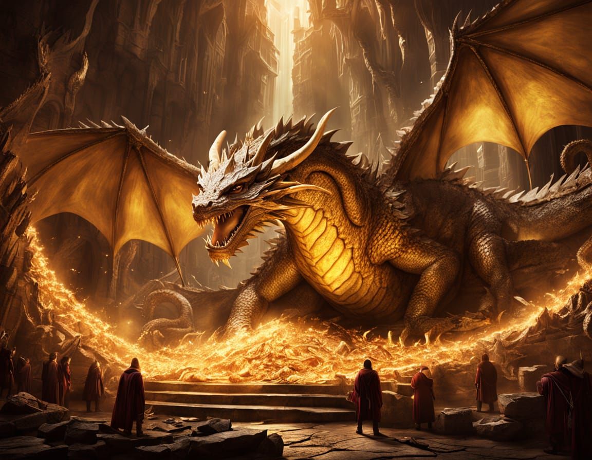 Majestic Dragon Smaug Rests on Gold Hoard