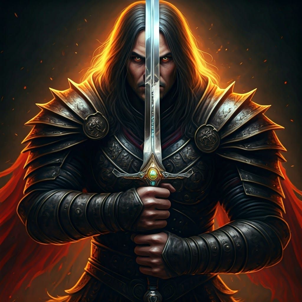 Fierce Warrior with Reflective Sword in Fantasy Art