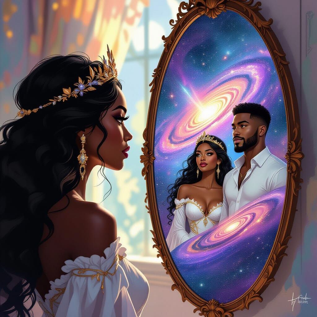 Black Goddess Gazes Into Galaxy Mirror, Sees Parallel Self