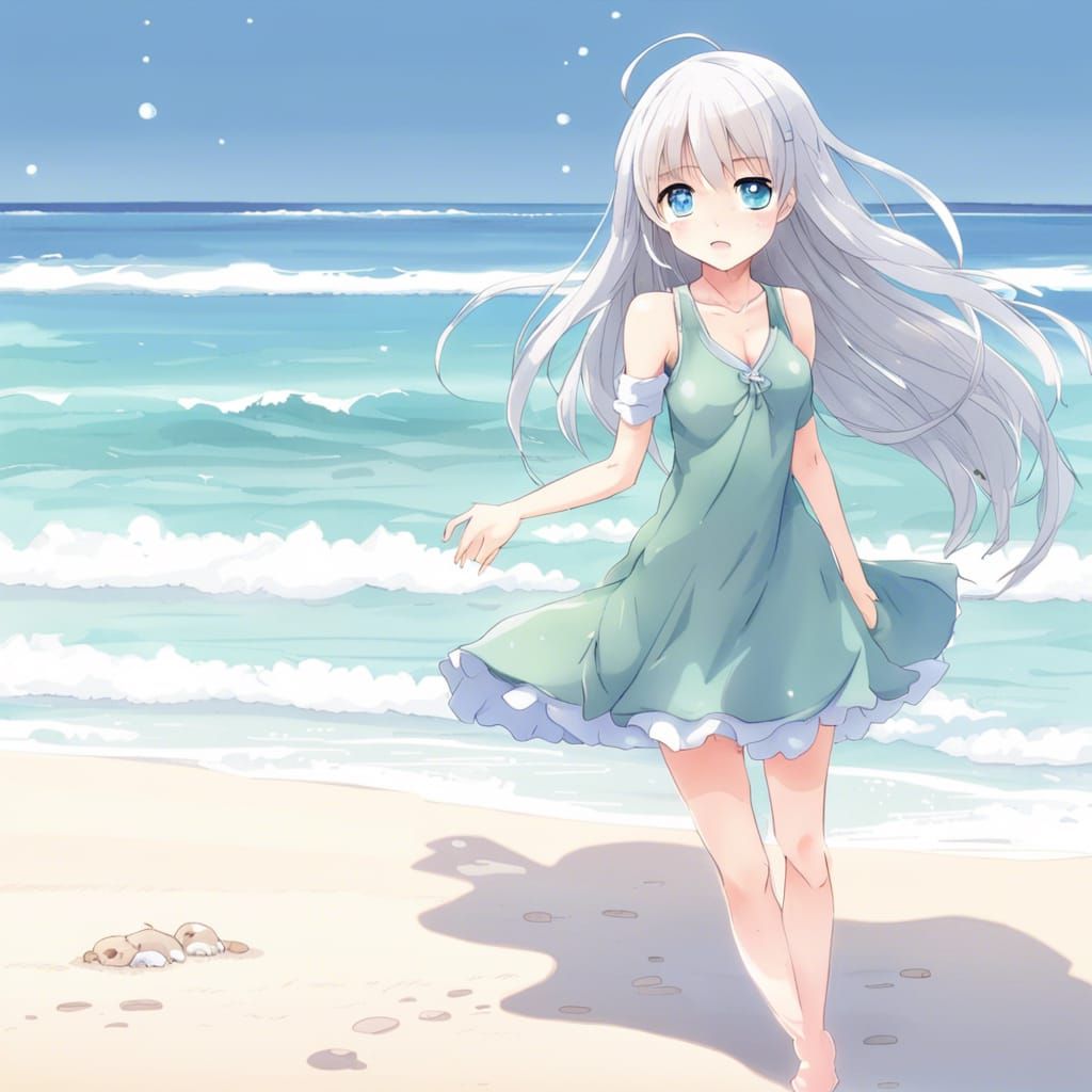 Anime Girl with Gray Hair on Beach