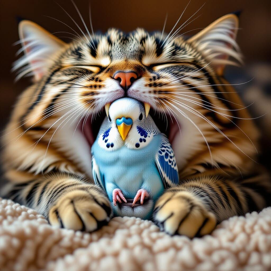 Budgie Sleeping in Cat's Mouth: Hyper-Realistic Image