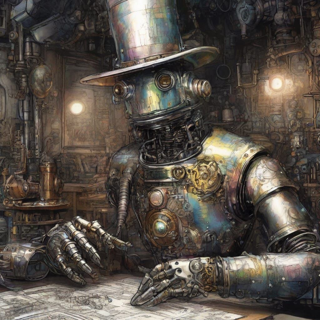 Whimsical Steampunk Robot with Top Hat and Monocle