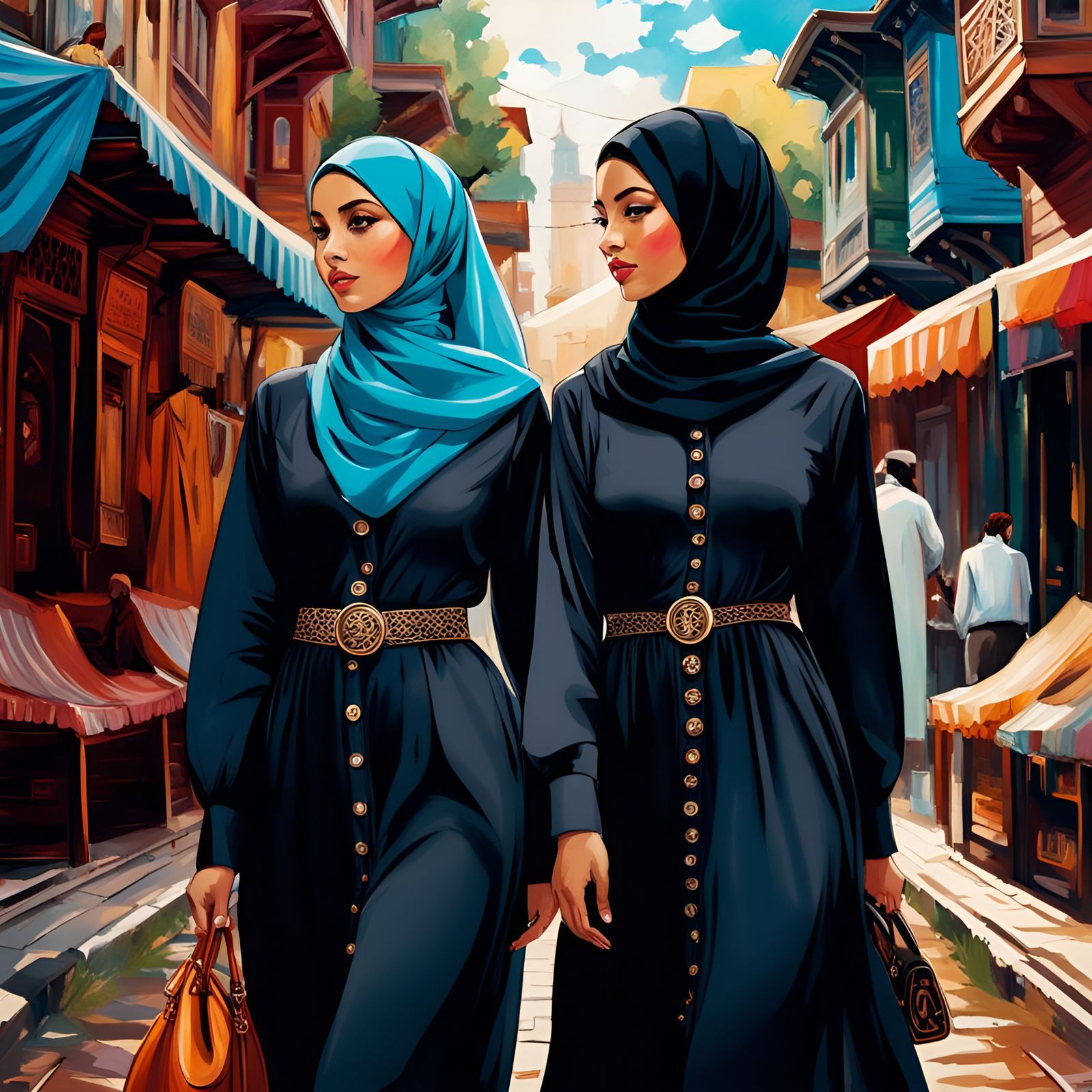 Two Hijabi Women Exploring a City, Digital Art