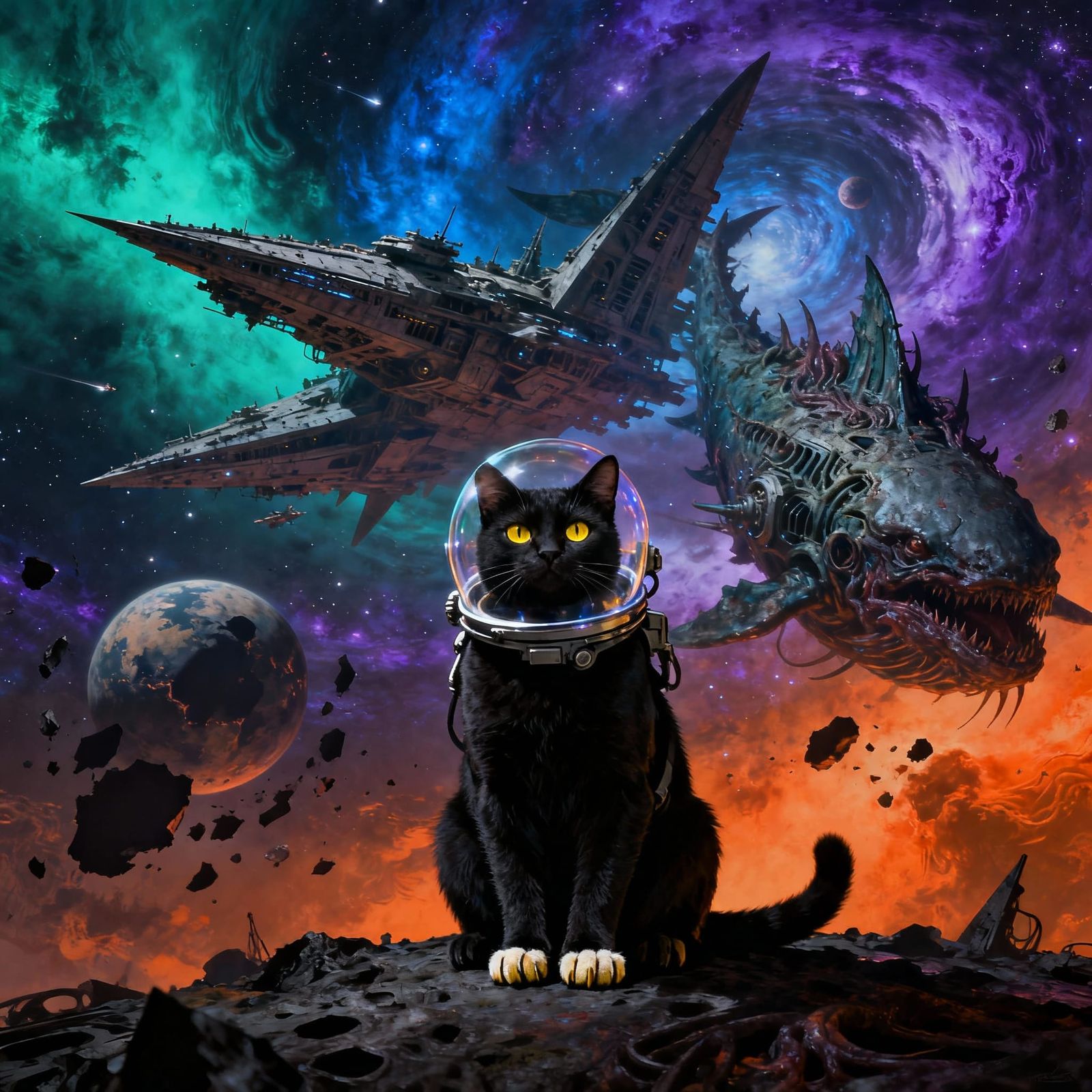 Cosmic Cat Oversees Epic Space Battle in Dark Fantasy Style