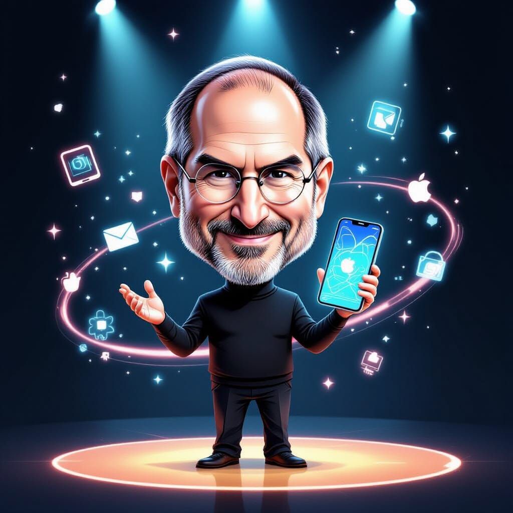 Steve Jobs Caricature: Holographic iPhone on Futuristic Stag...