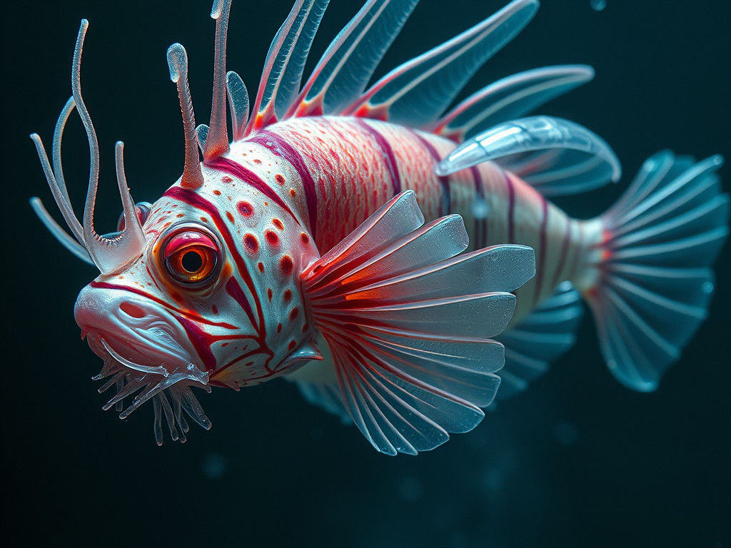 Iridescent Lionfish Woman in Surreal Ocean Landscape
