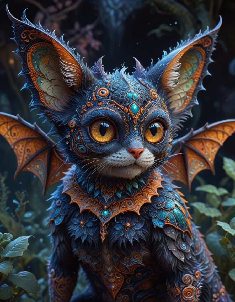 Intricate Zentangle Fractal of a Cute Bat-Cat